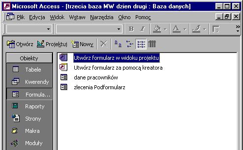 6. Obiekt bazy danych formularz Formularz służy do wprowadzania danych do tabel, do prezentowania danych, jako okna dialogowe, ułatwiające poruszanie się po aplikacji (bazie danych). 6.1.