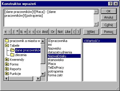 Dwa etapy uzupełniania danych:! zaprojektowanie kwerendy wybierającej puste miejsca w tabeli wymagającej uzupełnienia. Wpisanie w polu kryterium dla odpowiedniego pola tabeli polecenia IS NULL!