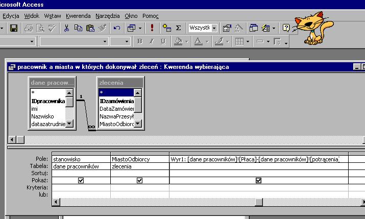 - wciskamy przycisk Wklej (3); - w oknie (1) pojawi się pierwszy argument (w nawiasach nazwa tabeli i nazwa pola); - wciskamy właściwy operator (4) - tu znak odejmowania; - operator pojawi się w polu