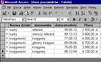 Po zaprojektowaniu tabeli należy przejść do widoku arkusza danych tabeli patrz Rysunek 6 chmurka 1.