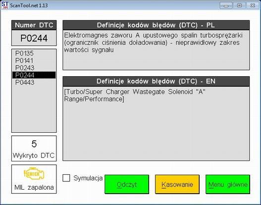 Rys. 7 - Program SCANTOOL v1.13pl - Przykładowe błędy pracy silnika, które można w każdej chwili wykasować. Jest 8 stron bloków pomiarowych co daje aż 72 punkty pomiarowe!