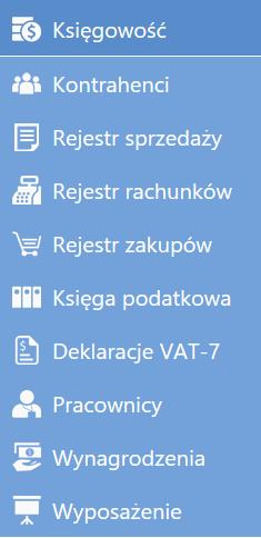 Rys. Menu nawigacji - Księgowość Uwaga: Widoczność list Faktury sprzedaży i Rachunki oraz Rejestr sprzedaży i Rejestr rachunków uwarunkowana jest parametrem w Konfiguracji / Parametry / Faktury /