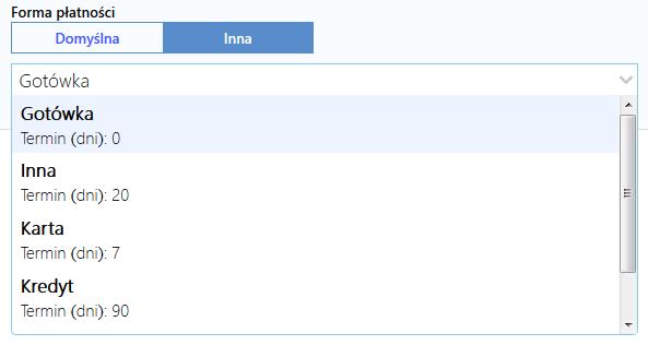 termin Forma płatności ustawiona jako domyślna zaznaczona jest w tabeli kolorem zielonym. Tylko jedna płatność może być domyślna. Rys.