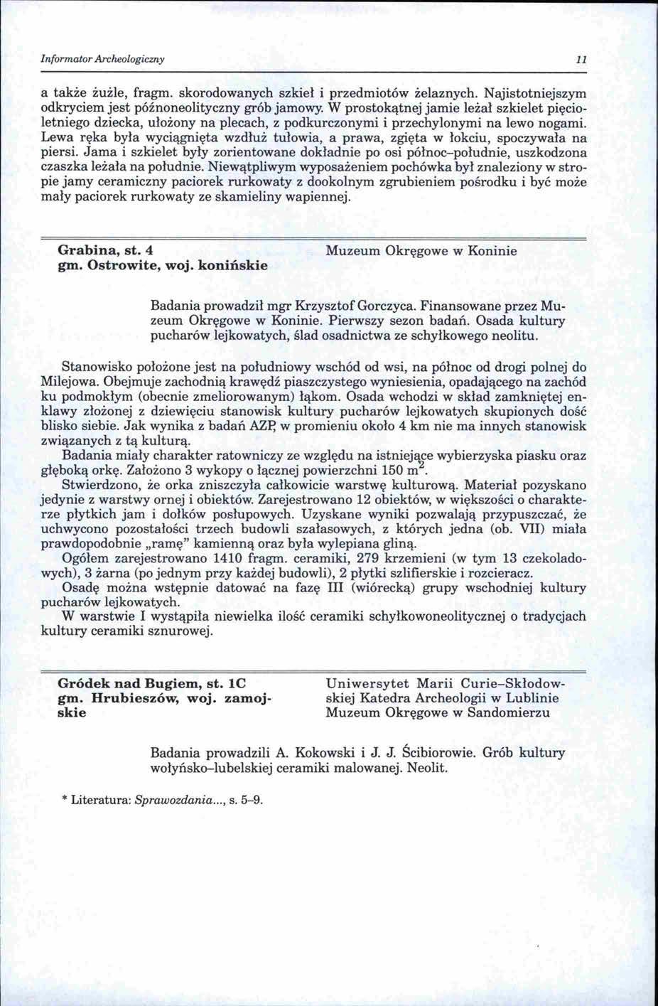 Informator Archeologiczny 11 a także żużle, fragm. skorodowanych szkieł i przedmiotów żelaznych. Najistotniejszym odkryciem jest późnoneolityczny grób jamowy.