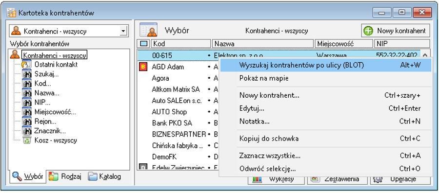 Uruchomienie dodatku Aby uruchomi dodatek nale y otworzy kartotek kontrahentów i z menu podr cznego spod prawego przycisku myszy wybra pozycj 'Wyszukaj kontrahentów