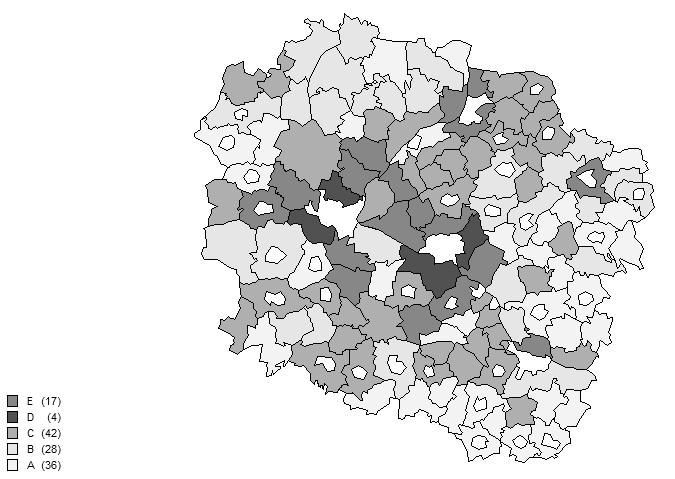 Ryc. 1. Wydzielone grupy gmin wiejskich wg poziomu rozwoju społeczno ekonomicznego. Źródło: Opracowanie własne.