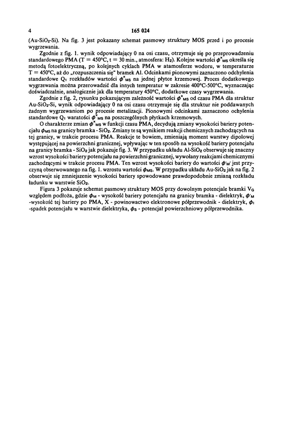 4 165 024 (Au-SiO2-Si). Na fig. 3 jest pokazany schemat pasmowy struktury MOS przed i po procesie wygrzewania. Zgodnie z fig. 1. wynik odpowiadający 0 na osi czasu, otrzymuje się po przeprowadzeniu standardowego PMA (T = 450 C, t = 30 min.