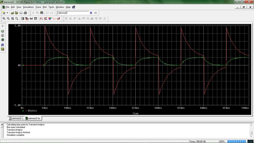Dla pojemności c=1,11p; *Obwod RC V1 1 0 pulse (0 10 0.00005 0 0 0.