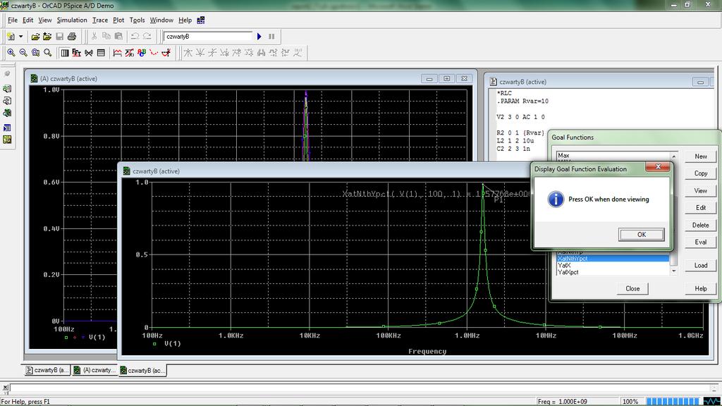 Dla ostatniego przypadku wyznaczyłem częstotliwość rezonansową ze wzoru f=1/[2π* (L*C)] f=1592khz, która to wartość nieznacznie różni się od wyznaczonej przy pomocy funkcji XatNthYpct; Jak nietrudno