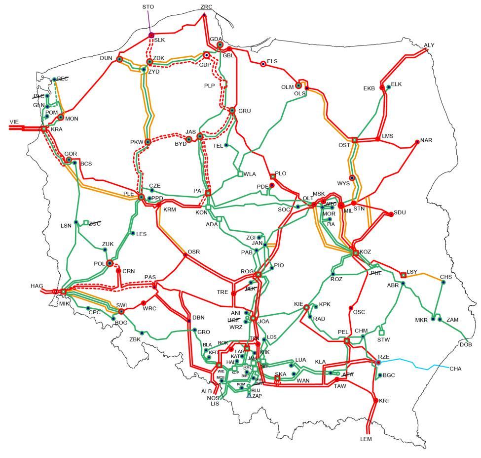 Infrastruktura przesyłowa KDM Krajowa Dyspozycja Mocy punkt podstawowy i rezerwowy Właściciel 256 linii napowietrznych w eksploatacji o łącznej długości 14 123 km, w tym: 1 linia 750 kv, 114 km 90