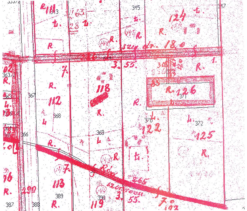 Black present cadastre map; red property allotment map from 1949 Źródło: Opracowanie własne na podstawie ewidencji gruntów i