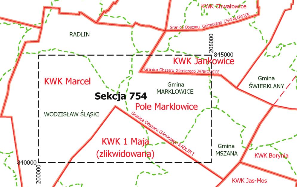 Przydatność danych geodezyjnych... 41 Rys. 1. Sekcja 754 [Dokumentacja mierniczo-geologiczna KW S.A.