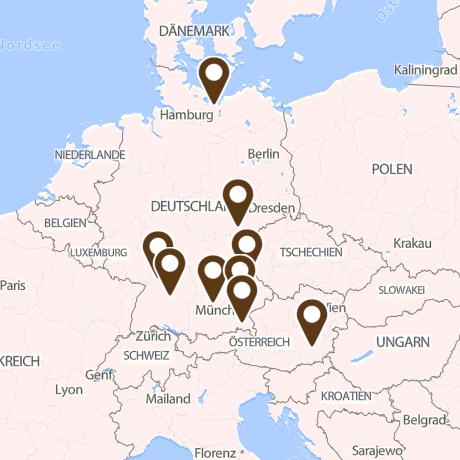 Na mapce poniżej zostały pokazane duże ośrodki alpako i lamo trekkingu w Niemczech gdzie