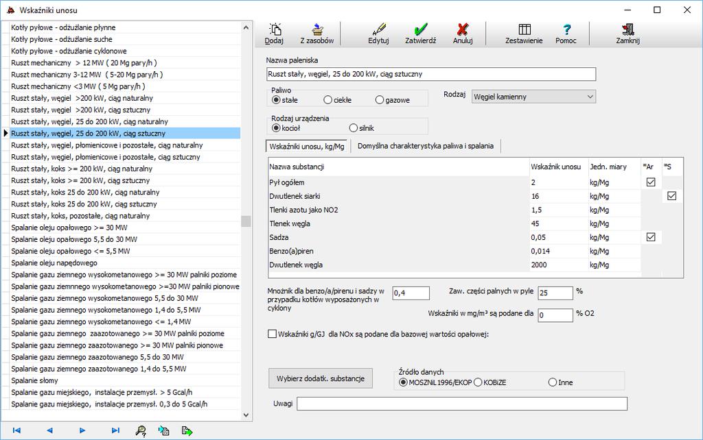- 14-4. Opis pozostałych okien dialogowych Okno: Wskaźniki unosu W oknie tym dokonuje się edycji wskaźników emisji dla poszczególnych typów palenisk.