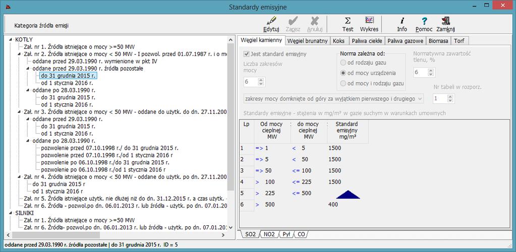 - 19 - Okno: Edycja standardów emisyjnych Uwaga: standardy z rozporządzenie zostały już wprowadzone do bazy danych modułu. Nie zaleca się ich modyfikacji bez porozumienia z autorem programu.