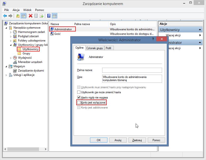 Optivum 4/6 2. W oknie Zarządzanie komputerem wybierz gałąź Użytkownicy i grupy lokalne/ Użytkownicy. 3. Przywołaj menu podręczne na koncie Administrator i wybierz polecenie Właściwości. 4. W oknie Właściwości: Administrator, na karcie Ogólne usuń znacznik przed pozycją Konto jest wyłączone.