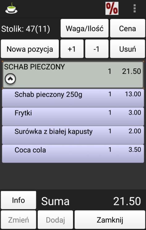 Istnieje możliwość wymiany składnika danego poziomu dla zestawu, służy do tego przycisk Zmień. Przykładowo zmienimy składnik o nazwie Frytki.