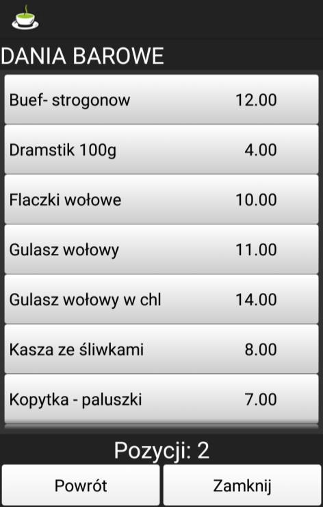 Powrót- przycisk powoduje powrót do okna z grupami artykułów Zamknij- przycisk powoduje zamknięcie okna z listą artykułów i powrót do głównego okna zamówienia Wybranie artykułu spowoduje jego dodanie