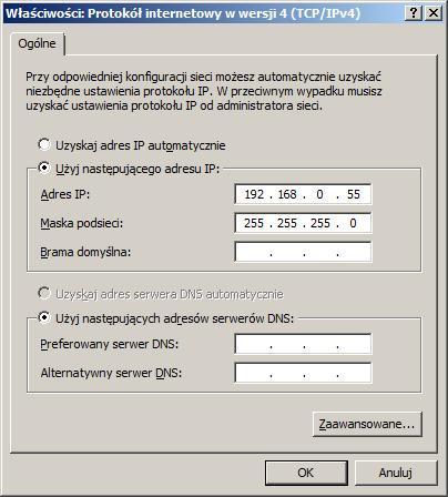55 maska podsieci: 255.255.255.0 resztę pól pozostawiamy pustą, a zmiany zatwierdzamy przyciskiem OK.