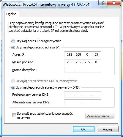 255.255.0 resztę pól pozostawiamy pustą, a zmiany zatwierdzamy przyciskiem OK. UWAGA: Jeśli na karcie sieciowej jest już ustawiony adres IP, DNS itd.