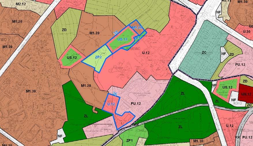 12, ZP2 i ZP1. Obszar nr 36 zmiana polega na aktualizacji funkcji fragmentów terenu M1.