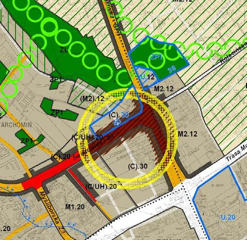 Obszar nr 40 - objęty sporządzaniem zmiany Studium, określony w/w uchwałą w załączniku nr 2, teren w rejonie skrzyżowania ulic: Modlińskiej i Światowida (okolice Ratusza), pas po północnej stronie ul.