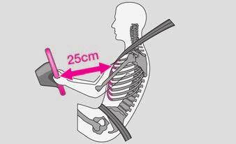 Kierowca musi się znajdować w odległości co najmniej 25 cm od kierownicy rys. 131. Jeśli się nie zachowa tego minimalnego odstępu, poduszki bezpieczeństwa mogą być nieskuteczne zagrożenie życia!