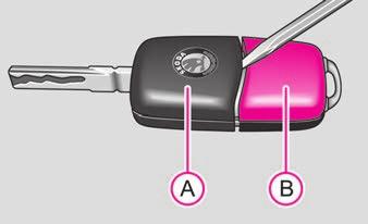 Wymiana baterii lub żarówki W szczelinę po stronie obudowy kluczyka (strzałka A2 ) włożyć monetę i, obracając ją, podważyć pokrywę główki kluczyka. Wymienić baterię lub żarówkę.