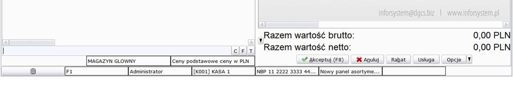 Przyciski oraz określają które pozycje mają być wyświetlane w panelu, odpowiednio towary oraz usługi.