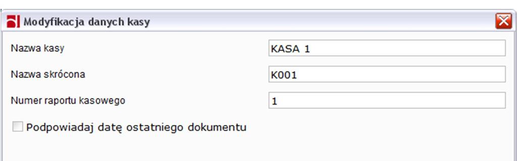 Rysunek 151: Kasa - wprowadzenie bilansu otwarcia Każde kolejne wejście w modyfikację kasy spowoduje wyświetlenie okna: Rysunek 152: Kasa - modyfikacja danych kasy Numer raportu kasowego pozwala na