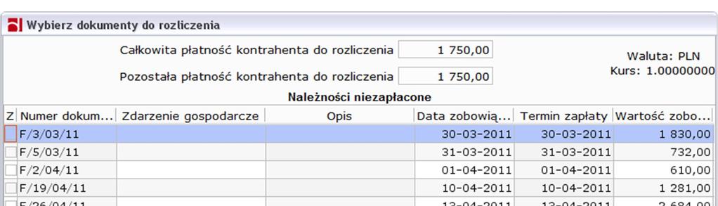 rozliczenia. Zaznaczamy wybrane faktury do rozliczenia a następnie Rozlicz zaznaczone.