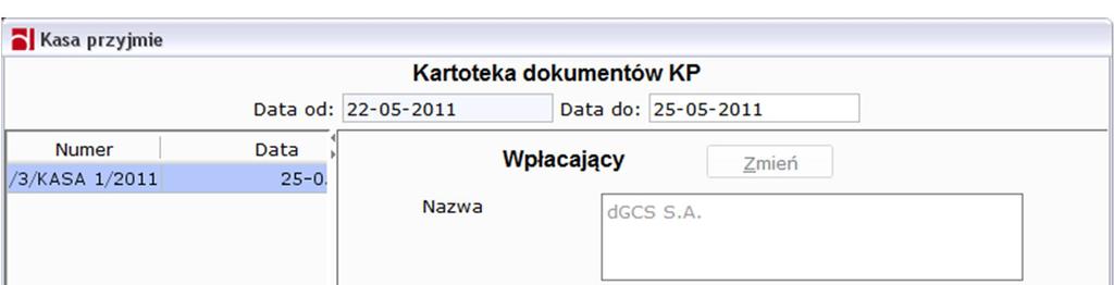 Rysunek 161: Kartoteka dokumentów kasowych Na samym dole okna dostępne są opcje drukowania jednego wybranego dokumentu, usunięcie wybranego dokumentu (może powstać dziura w numeracji)