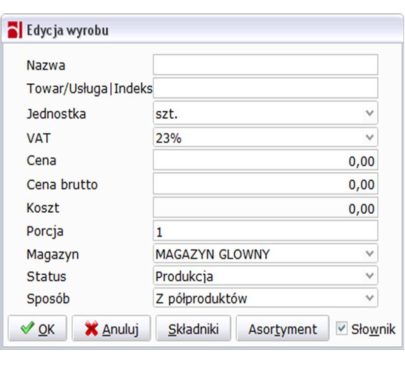 Rysunek 202: Dodawanie wyrobu Parametry wyrobu widać na ekranie. W kalkulacji ceny może pomóc automatyczne wyliczanie kosztu według aktualnego stanu magazynowego składników wyrobu (średnia ważona).