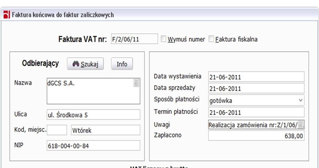 Rysunek 217: Faktura końcowa do faktur zaliczkowych 1.12.7. Zamówienia automatyczne Zamówienia automatyczne uzupełniają stany magazynowe według przyjętego kryterium.