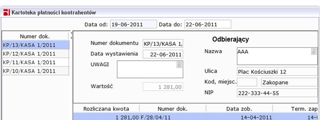 Noty odsetkowe W oknie Noty odsetkowe znajdują się dokumenty spłacone, ale po terminie.