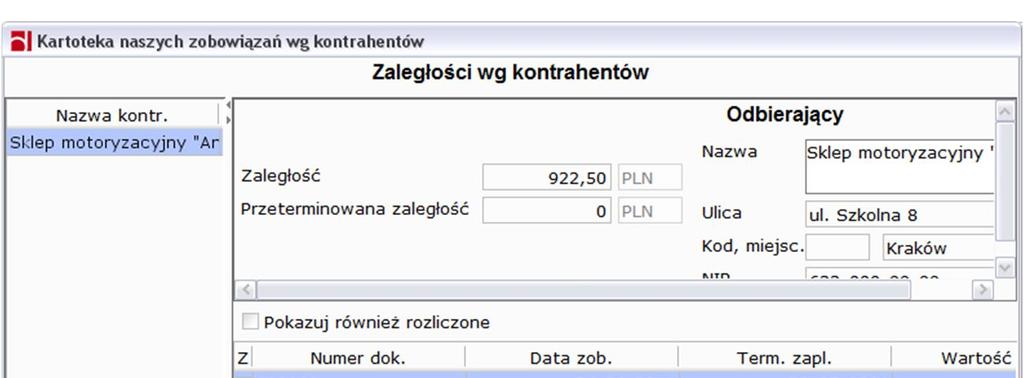 Rysunek 232: Kartoteka zobowiązań wg. kontrahentów 1.13.2.2. Kartoteka naszych zobowiązań wobec kontrahentów Rysunek 233: Kartoteka zobowiązań wg.