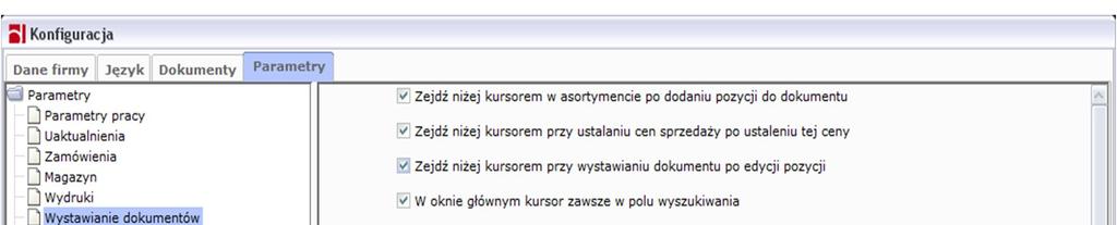 Rysunek 22: Wystawianie dokumentów Zejdź niżej kursorem w asortymencie po dodaniu pozycji do dokumentu jeżeli parametr jest zaznaczony wówczas po wybraniu asortymentu w oknie głównym programu kursor