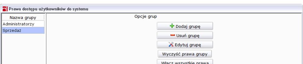 Rysunek 41: Prawa dostępu do systemu akcje Można też pozwolić lub zabronić na wykonywanie akcji z przycisków. Rysunek 42: Prawa dostępu do systemu - akcje na przyciskach 1.4.5.