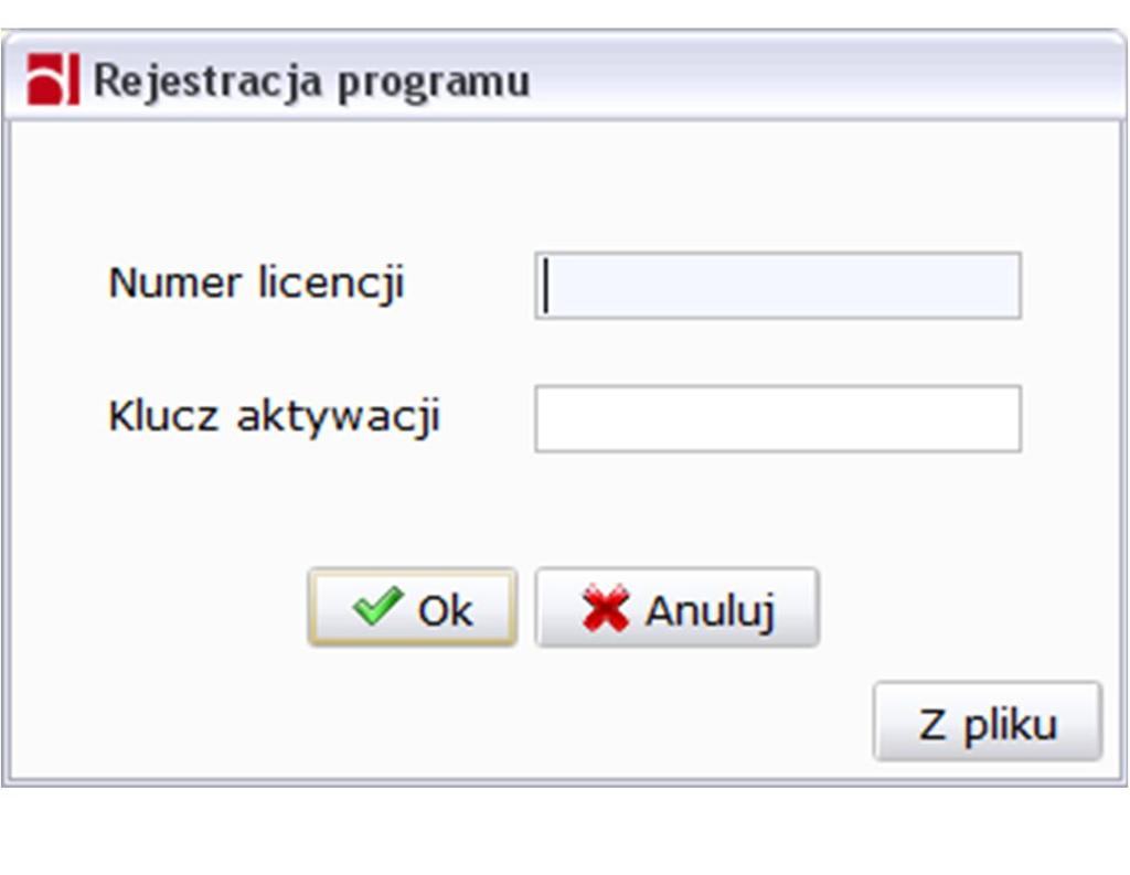 Rysunek 46: Rejestracja programu W przypadku użytkowania wersji demonstracyjnej programu, po zakupie wersji pełnej, funkcja Rejestracja programu umożliwia wprowadzenie klucza aktywacji i licencji