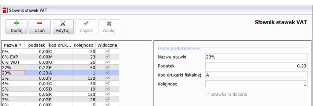 1.5.3. Stawki VAT W słowniku tym jest możliwość zdefiniowania, dodania oraz usunięcia stawki VAT (jeśli dana stawka nie została wykorzystana np. w dokumencie) oraz kodu drukarki fiskalnej.