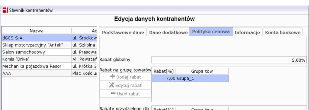 W oknie tym istnieje także możliwość przypisania Domyślnego cennika dla danego kontrahenta.