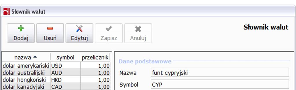 Rysunek 73: Słownik walut Słownik walut to lista wykorzystywanych w