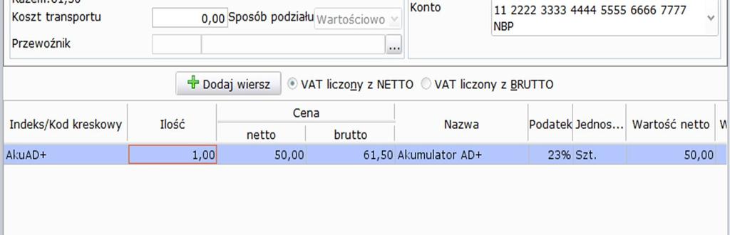 Każdy wiersz opisuje przyjmowany towar, w tym jego ilość, cenę, podatek i inne parametry. Wybór towaru może odbywać się zarówno z wykorzystaniem słownika jak i ręcznie. Przycisk Szukaj tow.