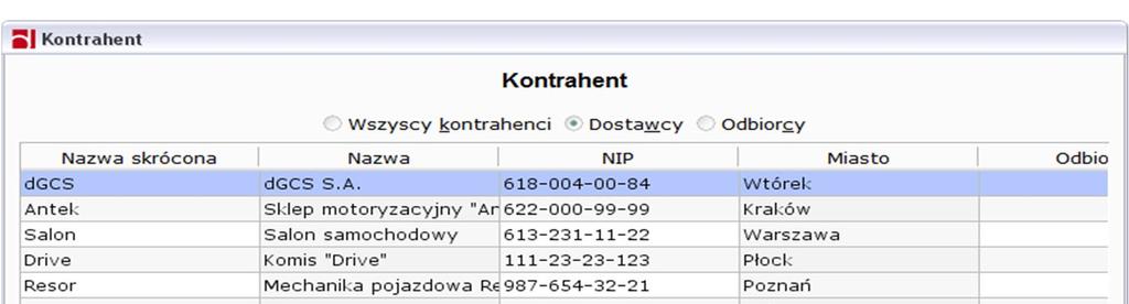 Rysunek 90: Okno wyboru kontrahenta Jeżeli kontrahent nie znajduje się jeszcze w bazie danych można go dodać korzystając z opcji Dodaj kontrahenta.