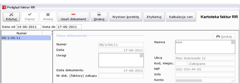 Rysunek 98: Kartoteka faktur RR 1.6.14.