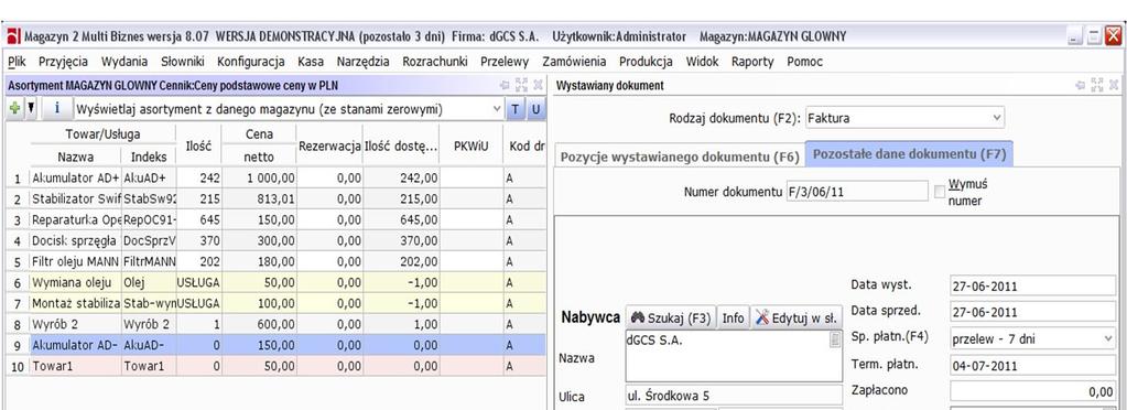 Rysunek 105: Wystawianie dokumentu - pozostałe dane dokumentu Wydrukiem sterują opcje druko