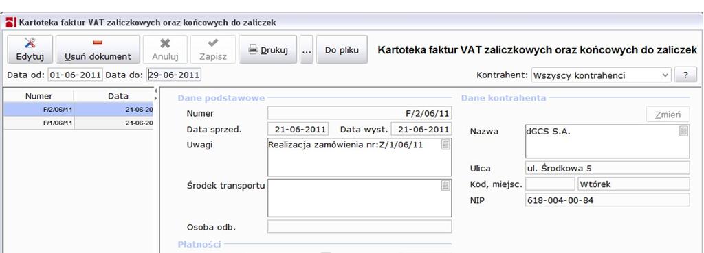 Rysunek 111: Kartoteka faktur VAT zaliczkowych 1.7.5.