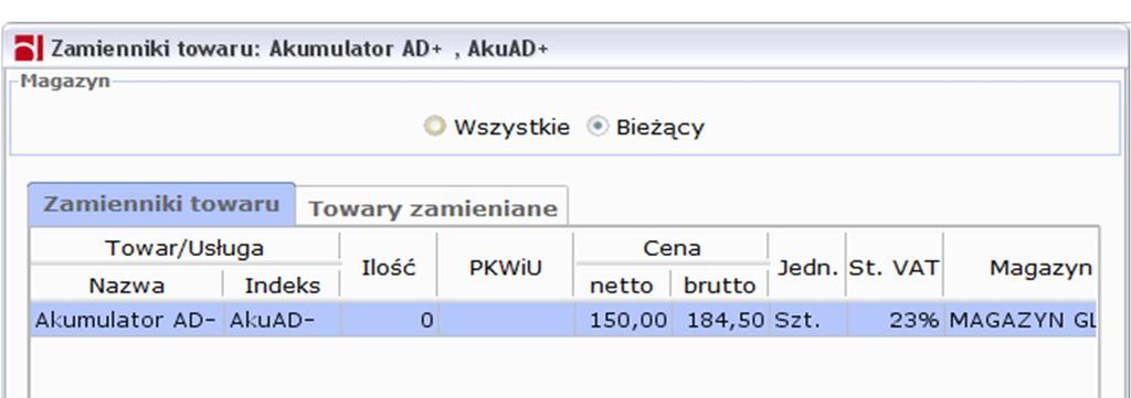 Rysunek 141: Zamienniki towarów Ilustracja przedstawia listę zamienników wybranego towaru. W opcji tej można też określić dla jakich towarów wybrany będzie zamiennikiem.