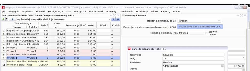 Pozostałe dane dokumentu uzupełnić dane dostępne pod przyciskiem Dane do dokumentu TAX FREE.