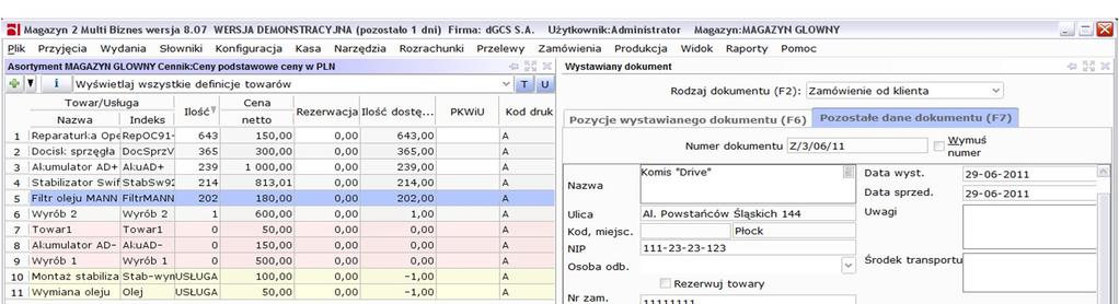 Rysunek 147: Wystawianie zamówienia w oknie głównym Po akceptacji zamówienie będzie widoczne w oknie Niezrealizowane zamówienia, gdzie pod prawym